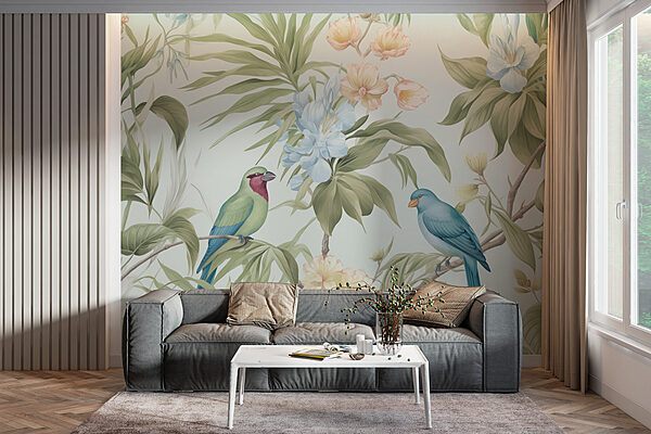 Papier peint avec des oiseaux et des fleurs Papier peint avec des oiseaux et des fleurs