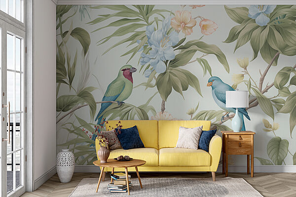 Papier peint avec des oiseaux et des fleurs Papier peint avec des oiseaux et des fleurs