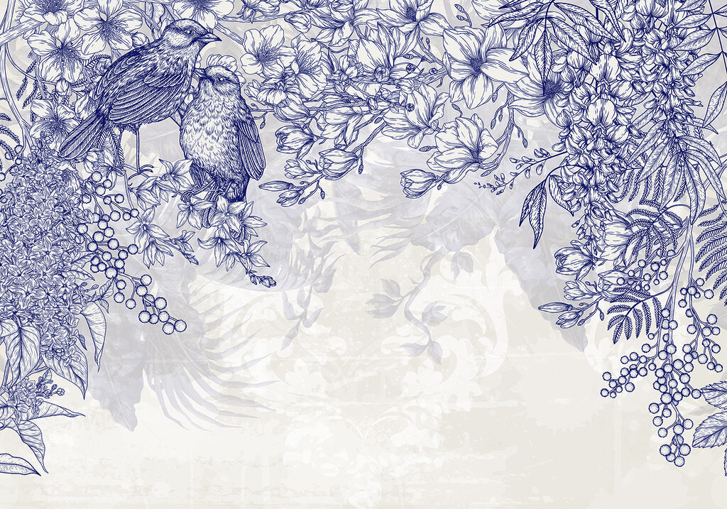 Dessin bleu et blanc d'oiseaux et de fleurs Dessin bleu et blanc d'oiseaux et de fleurs