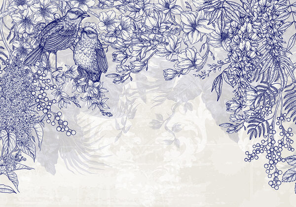 Dessin bleu et blanc d'oiseaux et de fleurs Dessin bleu et blanc d'oiseaux et de fleurs