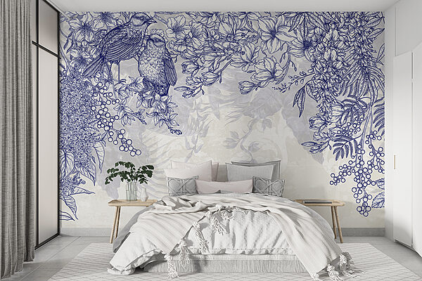 Dessin bleu et blanc d'oiseaux et de fleurs Dessin bleu et blanc d'oiseaux et de fleurs