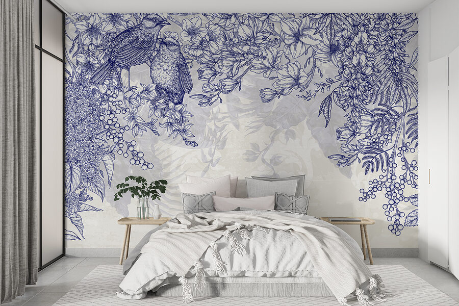 Dessin bleu et blanc d'oiseaux et de fleurs