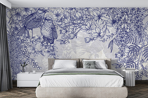 Dessin bleu et blanc d'oiseaux et de fleurs Dessin bleu et blanc d'oiseaux et de fleurs