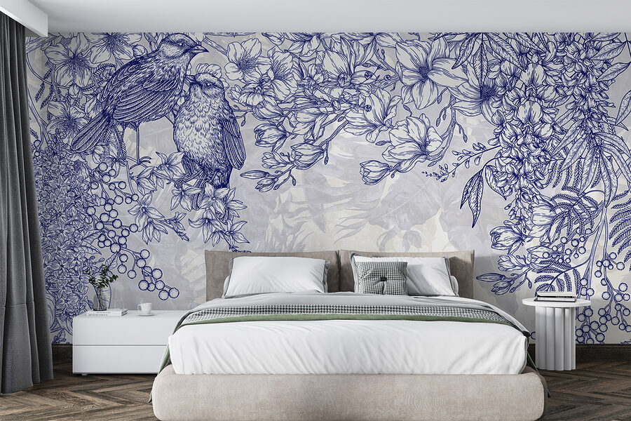 Dessin bleu et blanc d'oiseaux et de fleurs