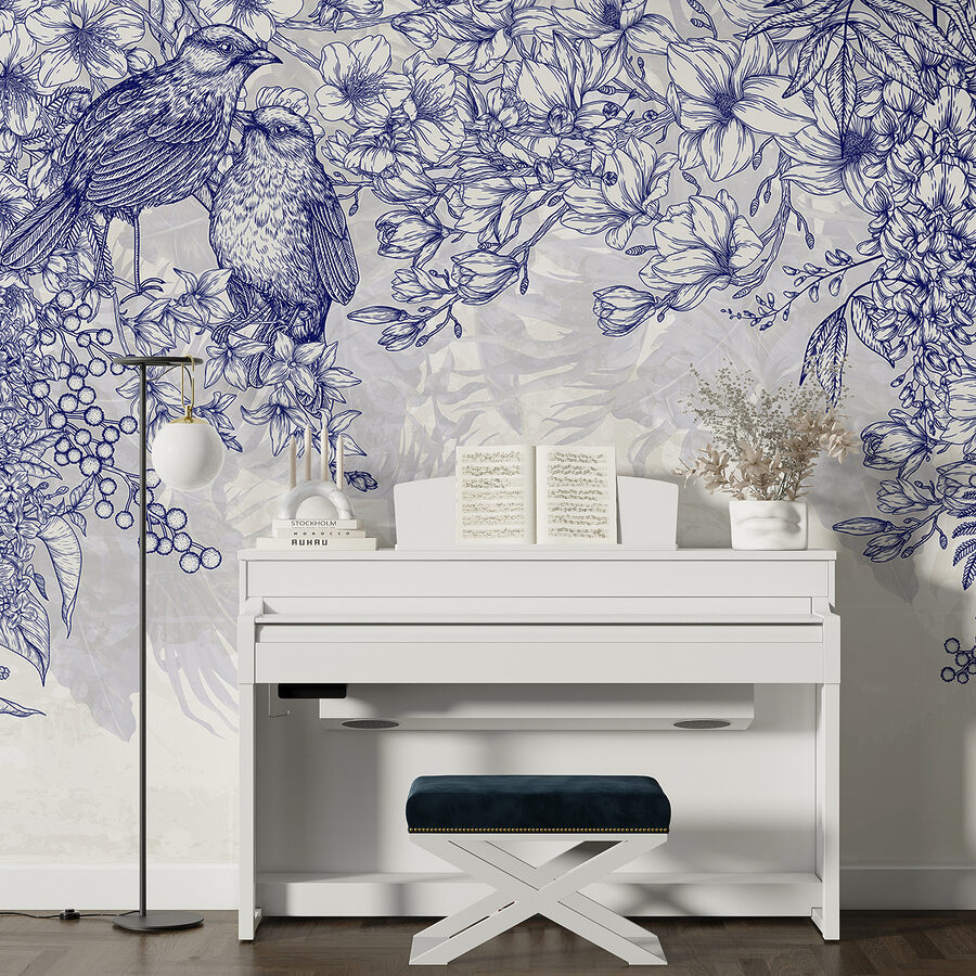 Dessin bleu et blanc d'oiseaux et de fleurs