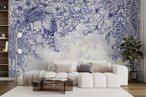 Dessin bleu et blanc d'oiseaux et de fleurs Dessin bleu et blanc d'oiseaux et de fleurs