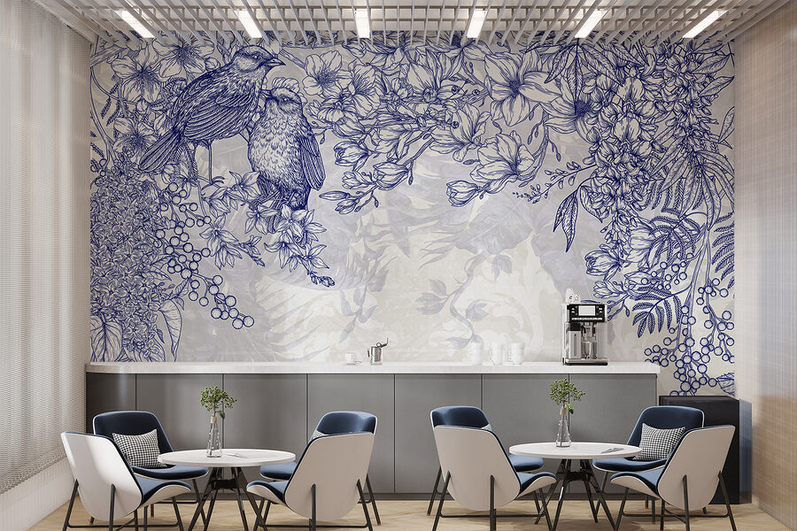 Dessin bleu et blanc d'oiseaux et de fleurs