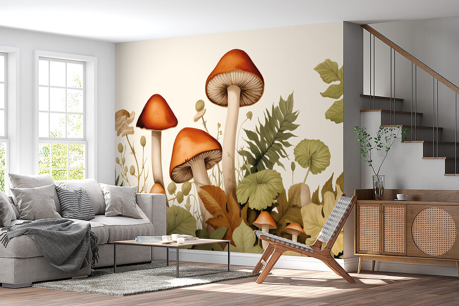 Groupe de champignons avec feuilles
