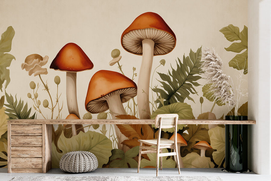 Groupe de champignons avec feuilles