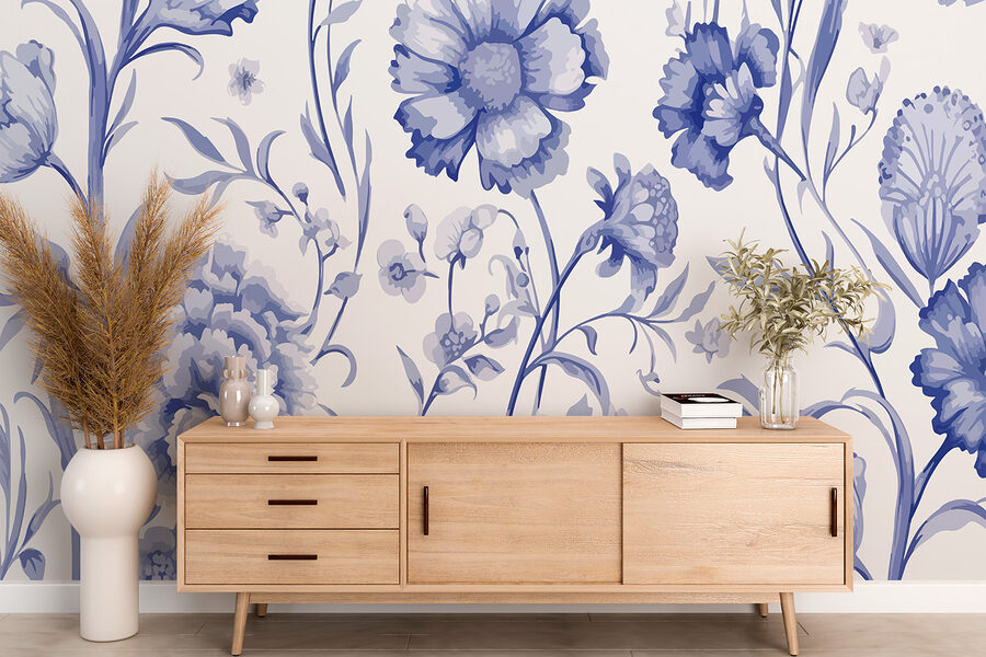 Motif floral bleu et blanc