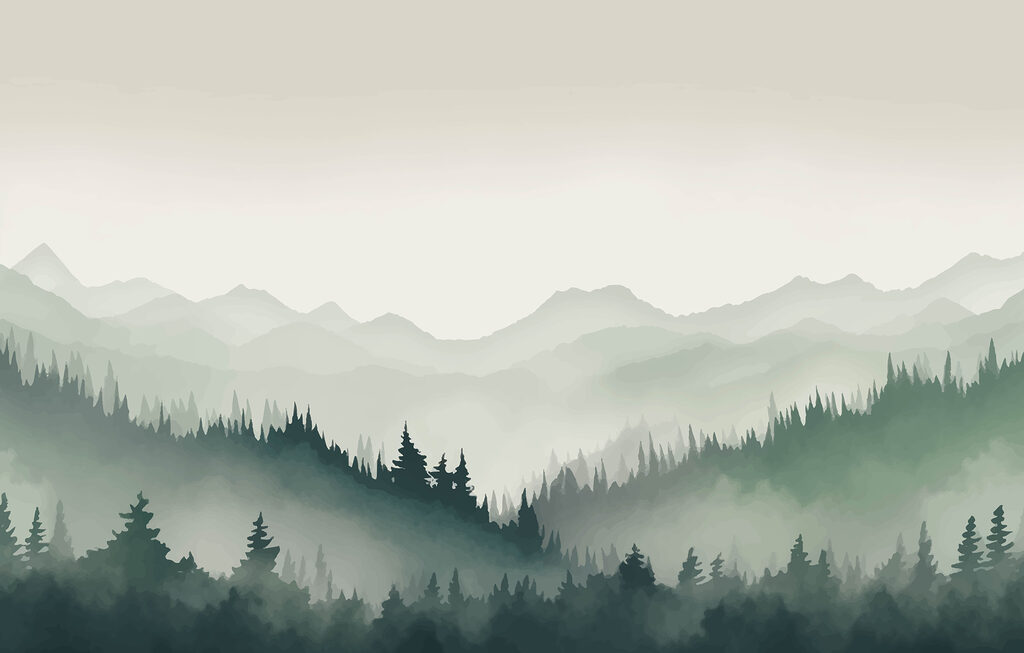 Paysage de montagne brumeux avec arbres et montagnes Paysage de montagne brumeux avec arbres et montagnes