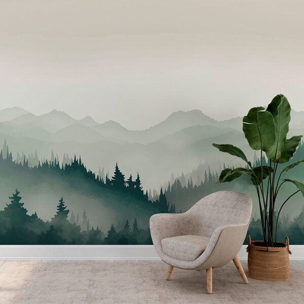 Paysage de montagne brumeux avec arbres et montagnes Paysage de montagne brumeux avec arbres et montagnes