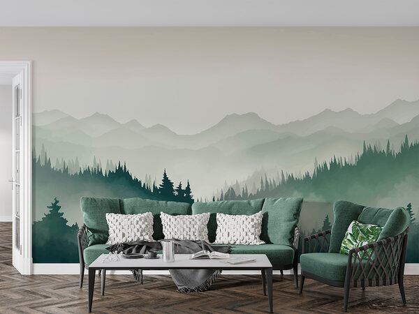 Paysage de montagne brumeux avec arbres et montagnes Paysage de montagne brumeux avec arbres et montagnes