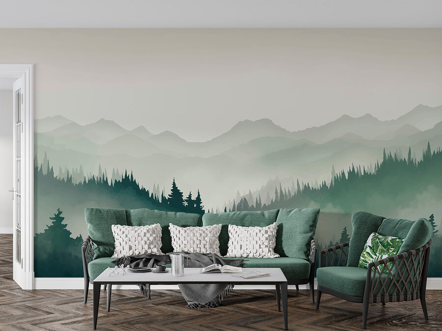 Paysage de montagne brumeux avec arbres et montagnes