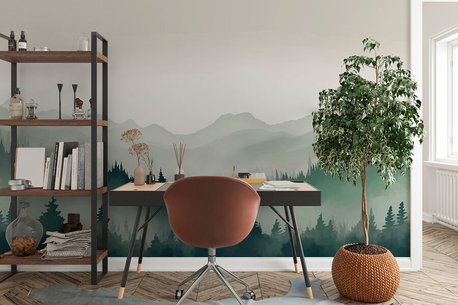 Paysage de montagne brumeux avec arbres et montagnes
