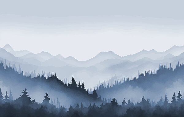 Paysage de montagne brumeux avec arbres et montagnes Paysage de montagne brumeux avec arbres et montagnes