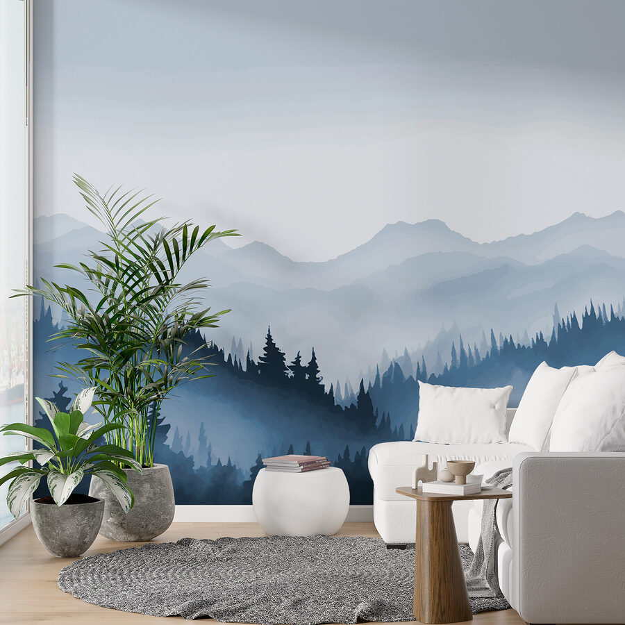 Paysage de montagne brumeux avec arbres et montagnes