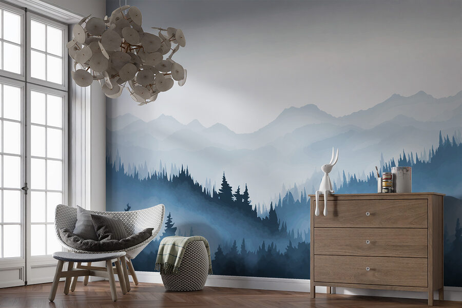 Paysage de montagne brumeux avec arbres et montagnes