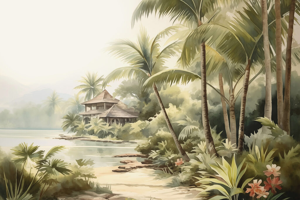 Watercolor painting of a house and palm trees Watercolor painting of a house and palm trees