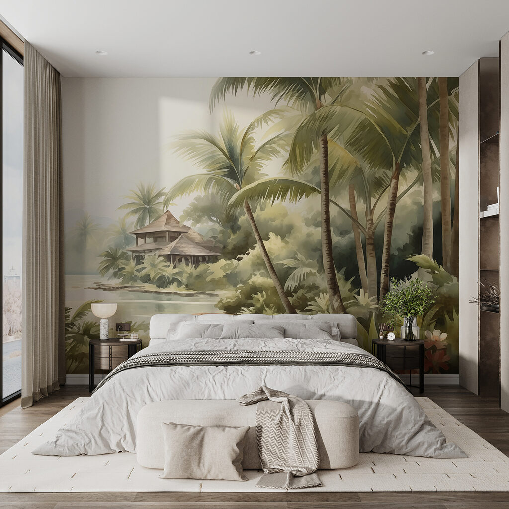 Watercolor painting of a house and palm trees Watercolor painting of a house and palm trees