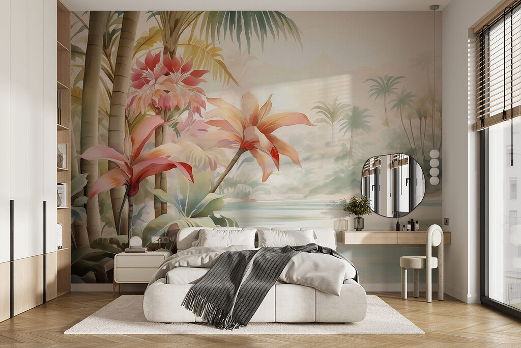 Painting of flowers and palm trees Painting of flowers and palm trees