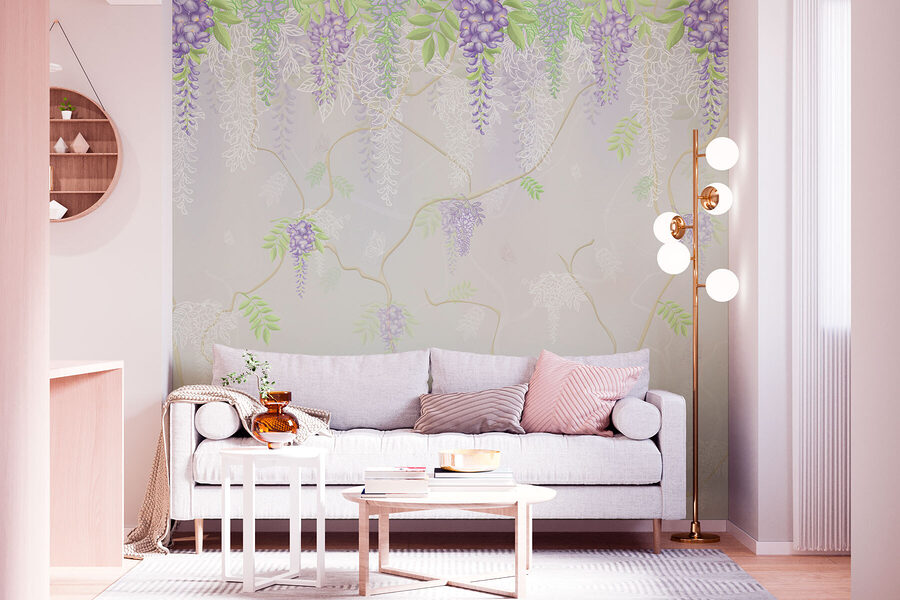 Papier peint avec des fleurs violettes
