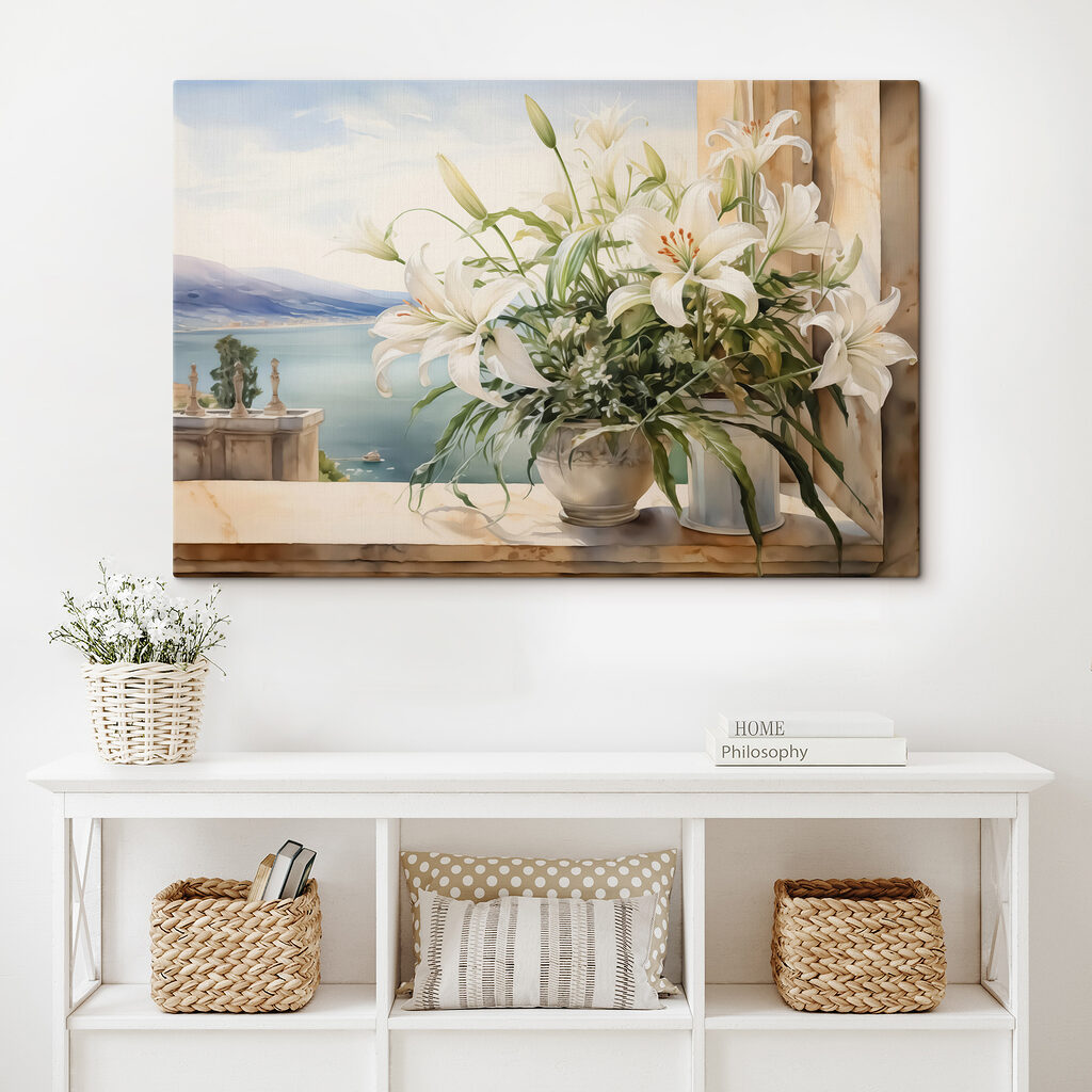 Painting of a white flower pot with white flowers