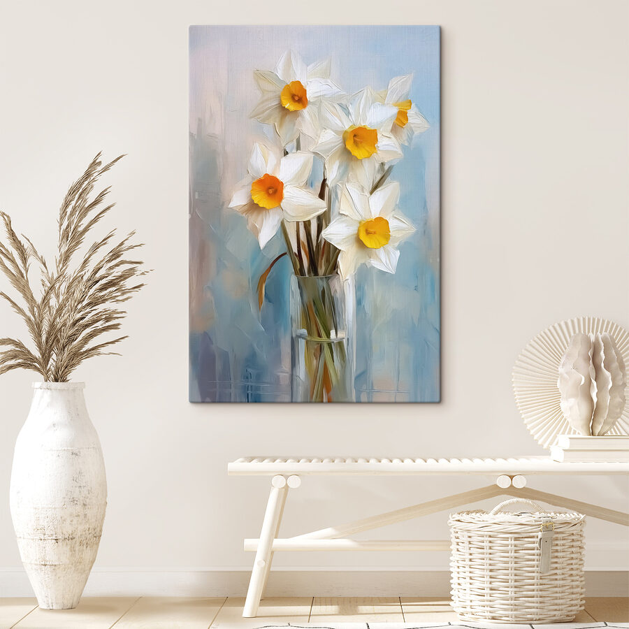 Fleurs blanches et jaunes dans un vase en verre