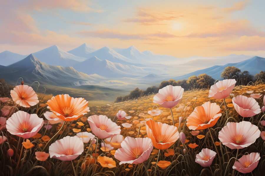 Champ de fleurs avec des montagnes en arrière-plan