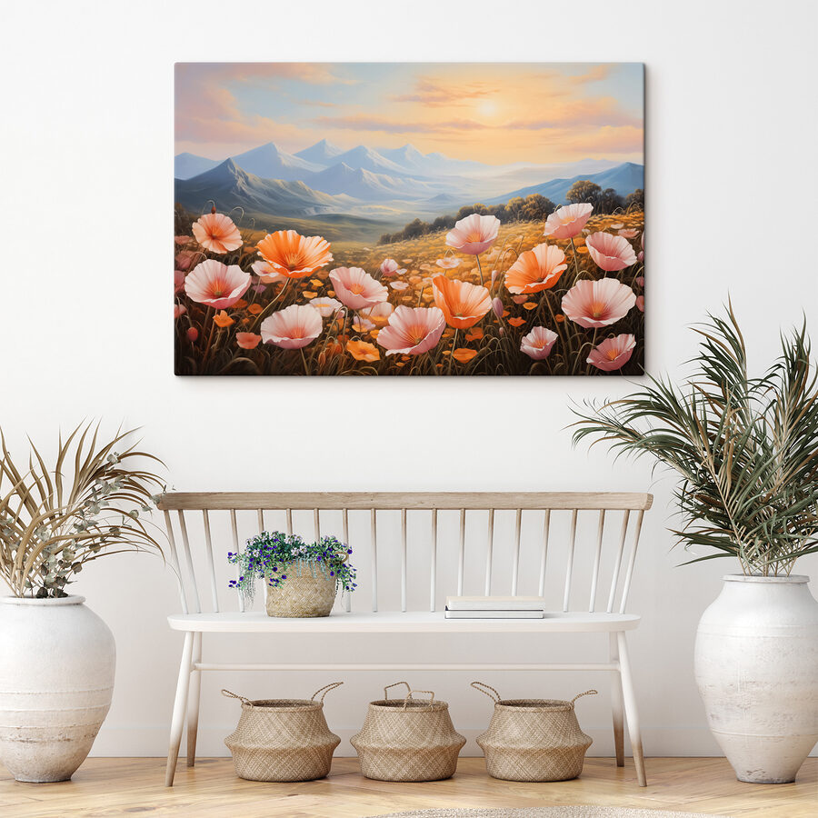 Champ de fleurs avec des montagnes en arrière-plan