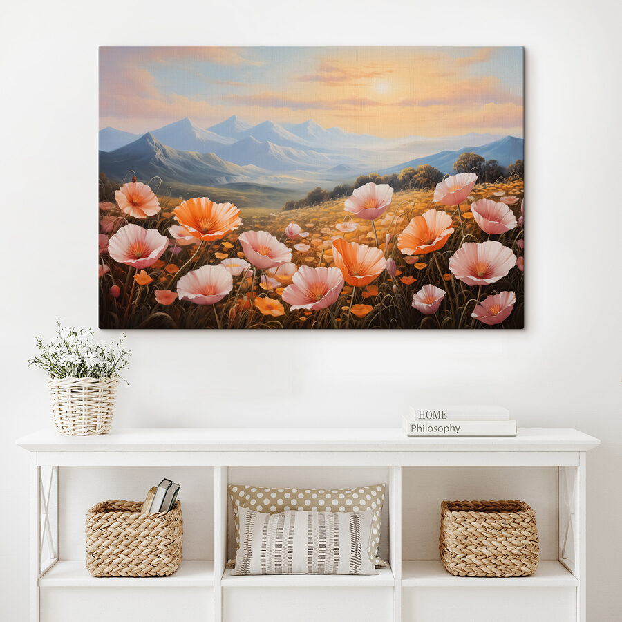 Champ de fleurs avec des montagnes en arrière-plan