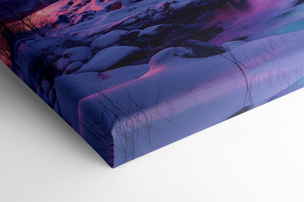 Snowy landscape with mountains and a lake