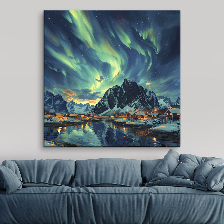 Paysage avec un lac et des maisons dans la neige