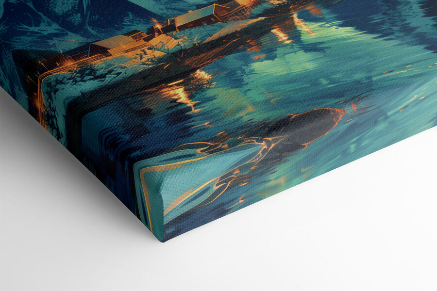 Paysage avec un lac et des maisons dans la neige
