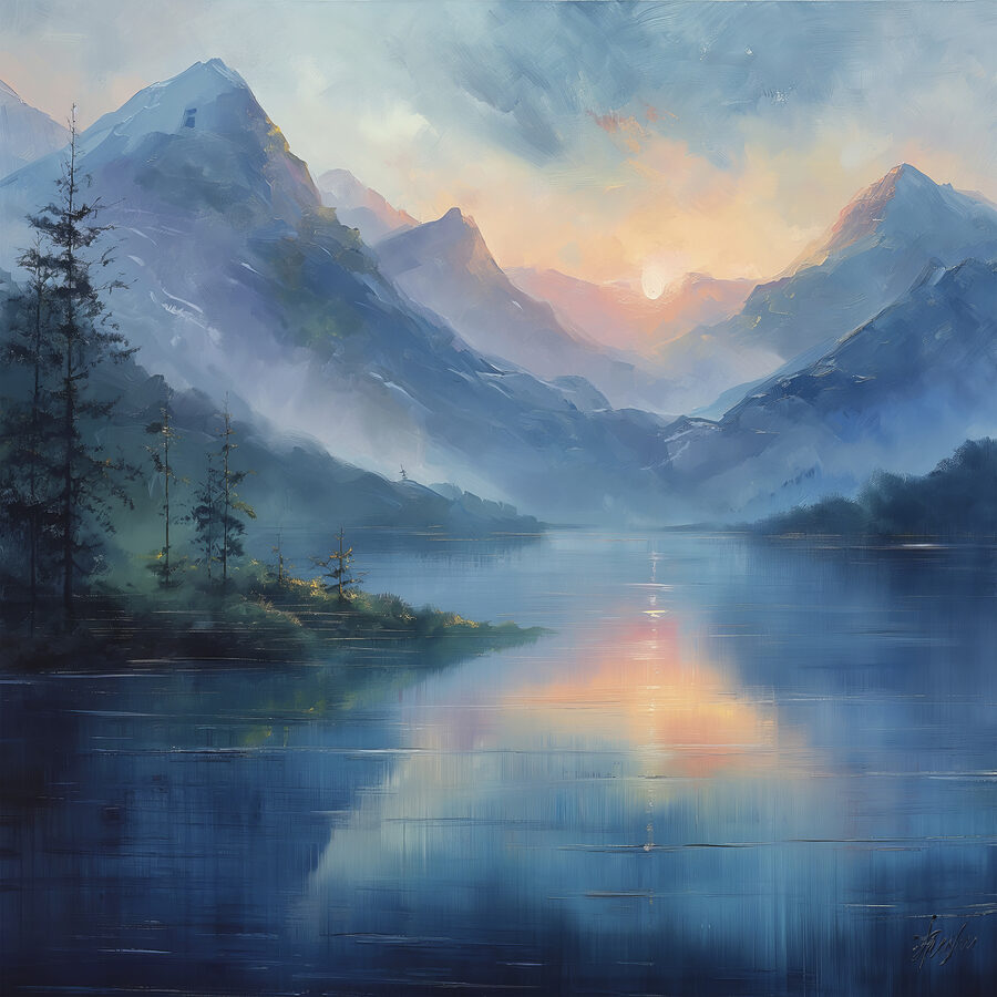 Peinture d'un lac avec montagnes et arbres