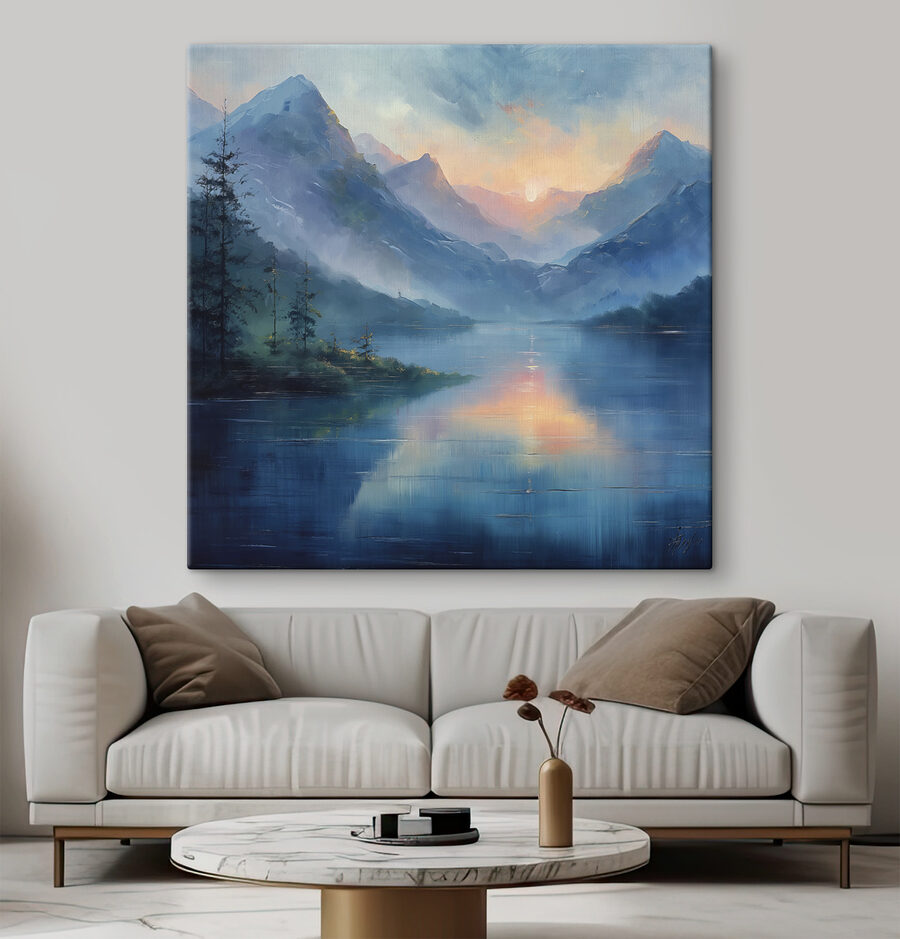 Peinture d'un lac avec montagnes et arbres
