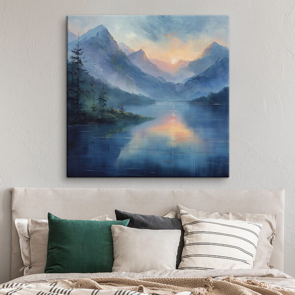 Peinture d'un lac avec montagnes et arbres Peinture d'un lac avec montagnes et arbres