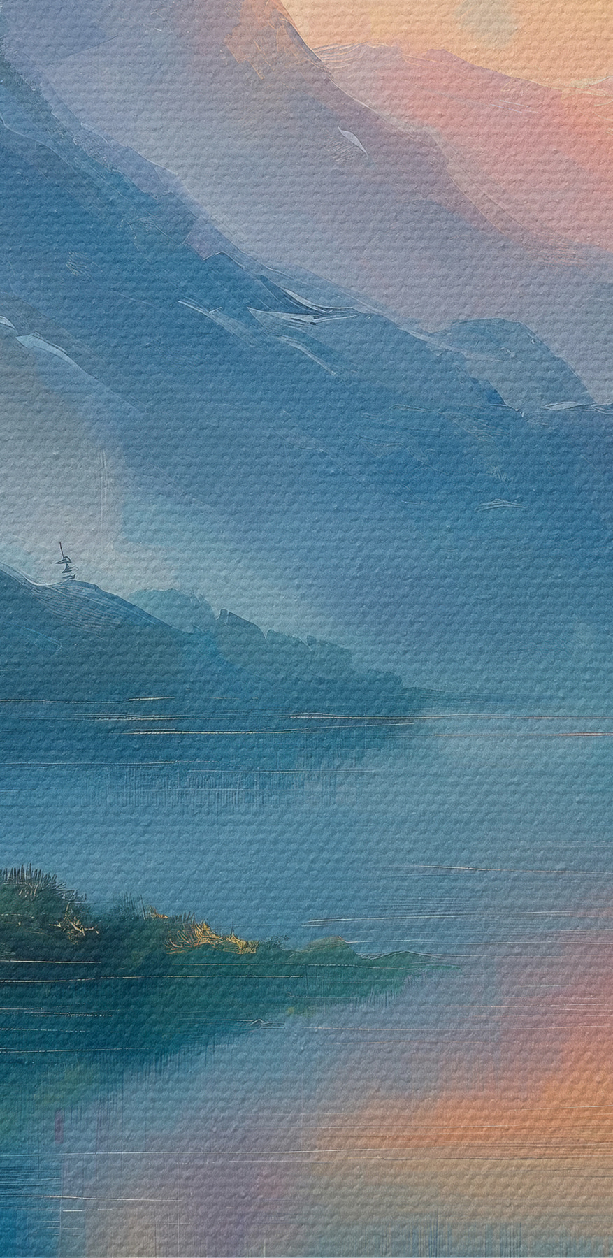Peinture d'un lac avec montagnes et arbres