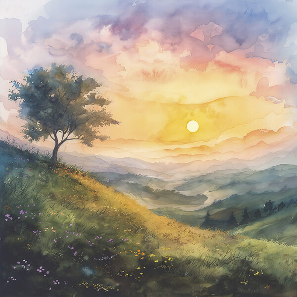 Peinture d'un paysage avec un arbre et des fleurs Peinture d'un paysage avec un arbre et des fleurs