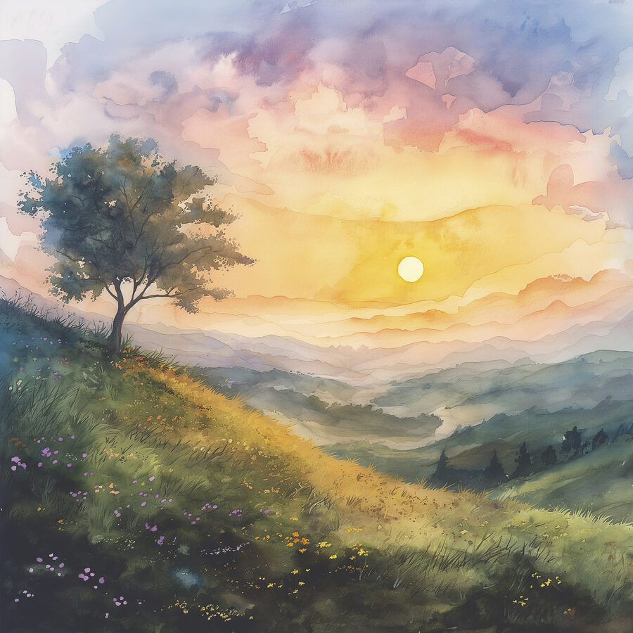 Peinture d'un paysage avec un arbre et des fleurs