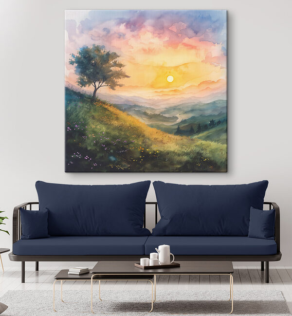 Peinture d'un paysage avec un arbre et des fleurs Peinture d'un paysage avec un arbre et des fleurs