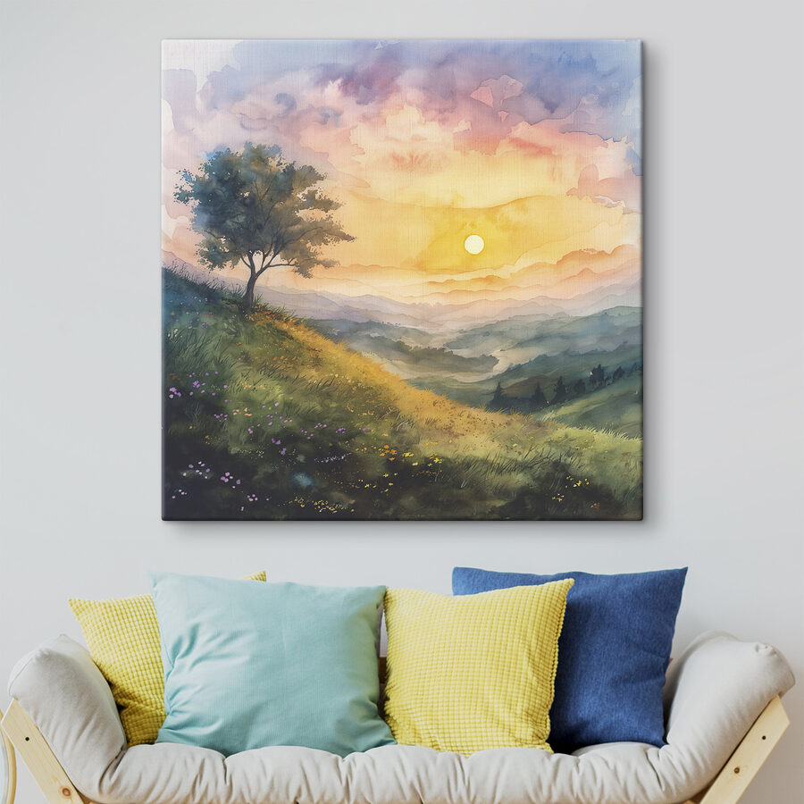 Peinture d'un paysage avec un arbre et des fleurs