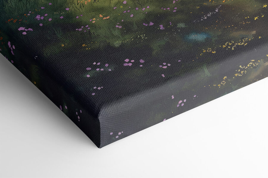 Peinture d'un paysage avec un arbre et des fleurs