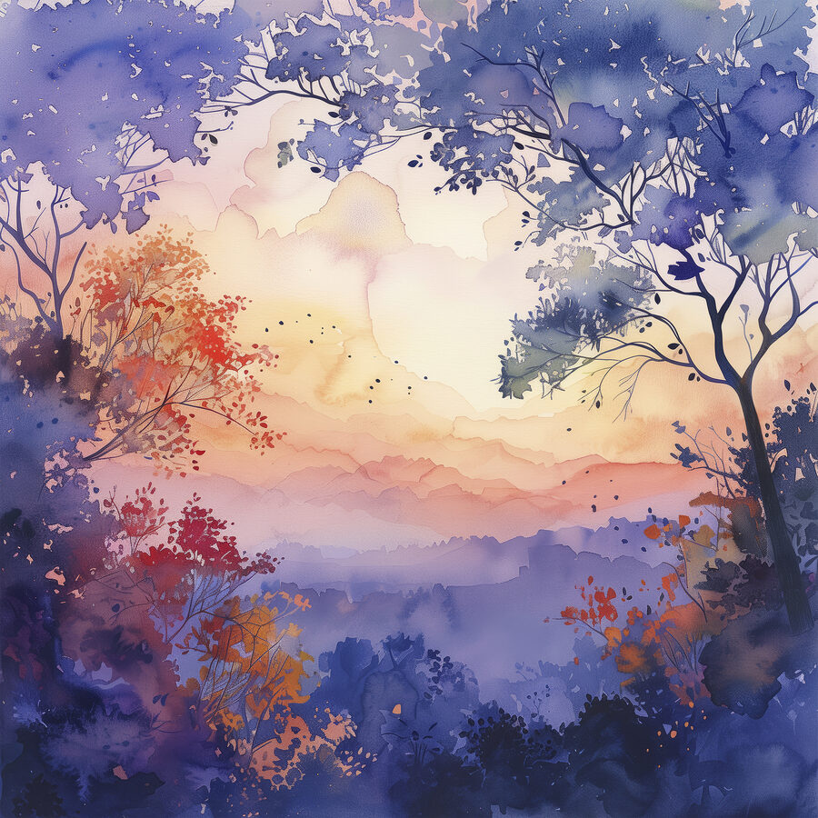 Aquarelle d'arbres et d'un coucher de soleil