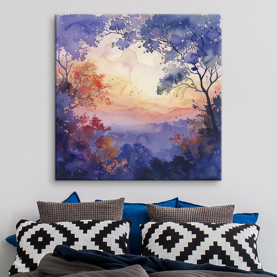 Aquarelle d'arbres et d'un coucher de soleil