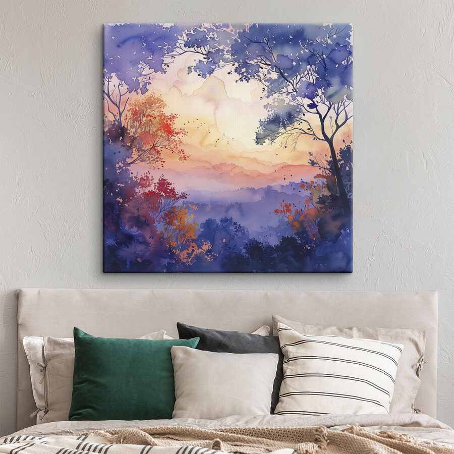 Aquarelle d'arbres et d'un coucher de soleil