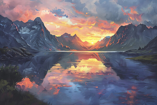 Chaîne de montagnes avec lac et coucher de soleil Chaîne de montagnes avec lac et coucher de soleil