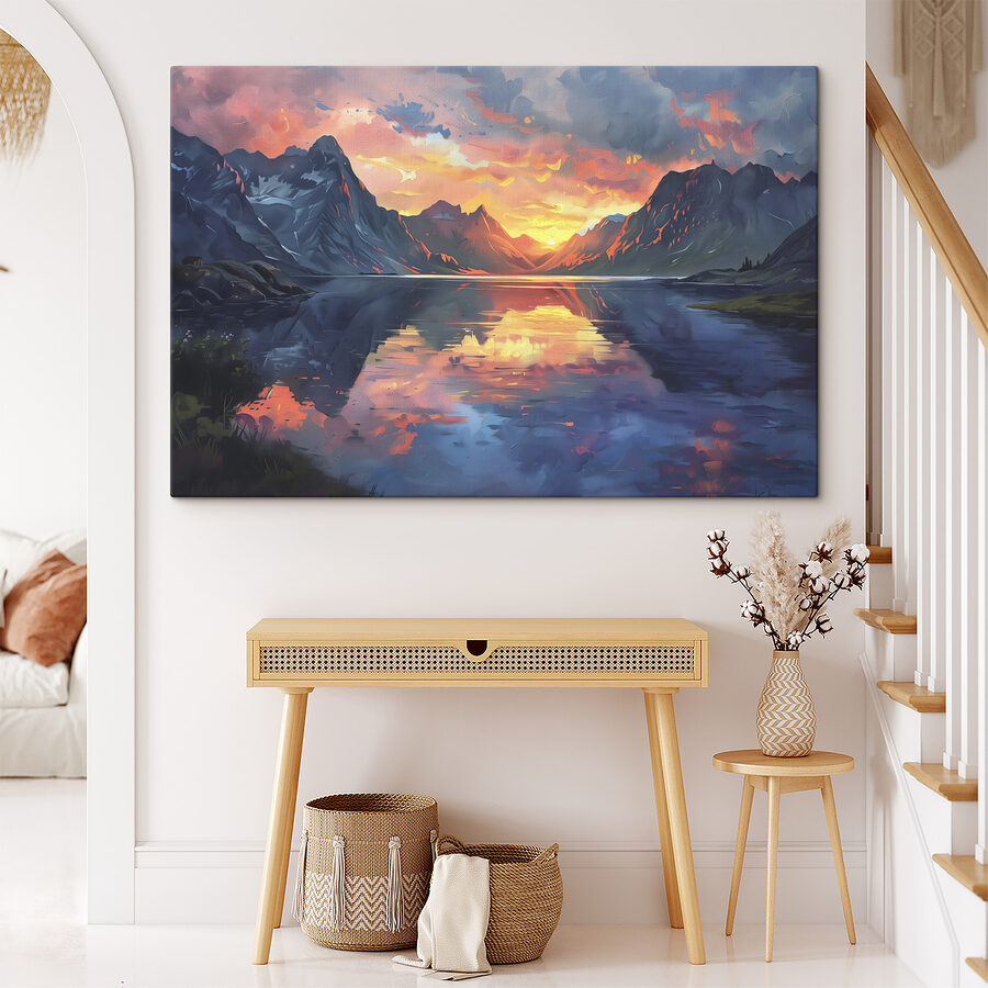 Chaîne de montagnes avec lac et coucher de soleil Chaîne de montagnes avec lac et coucher de soleil