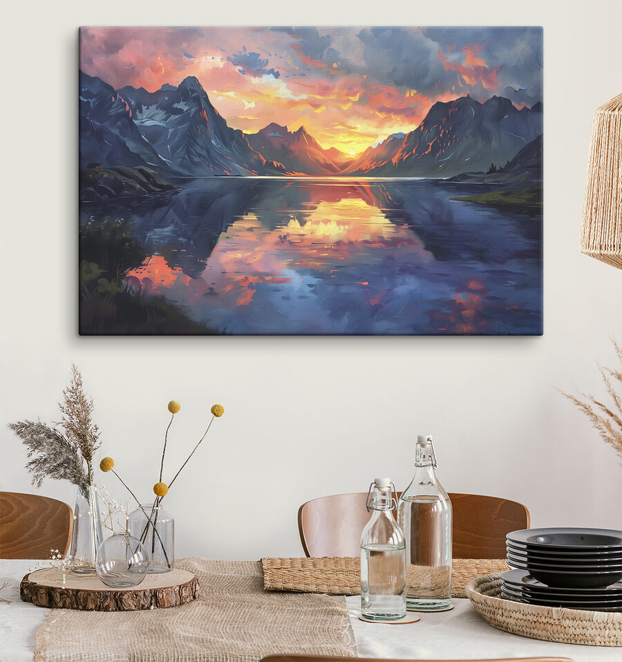 Chaîne de montagnes avec lac et coucher de soleil Chaîne de montagnes avec lac et coucher de soleil