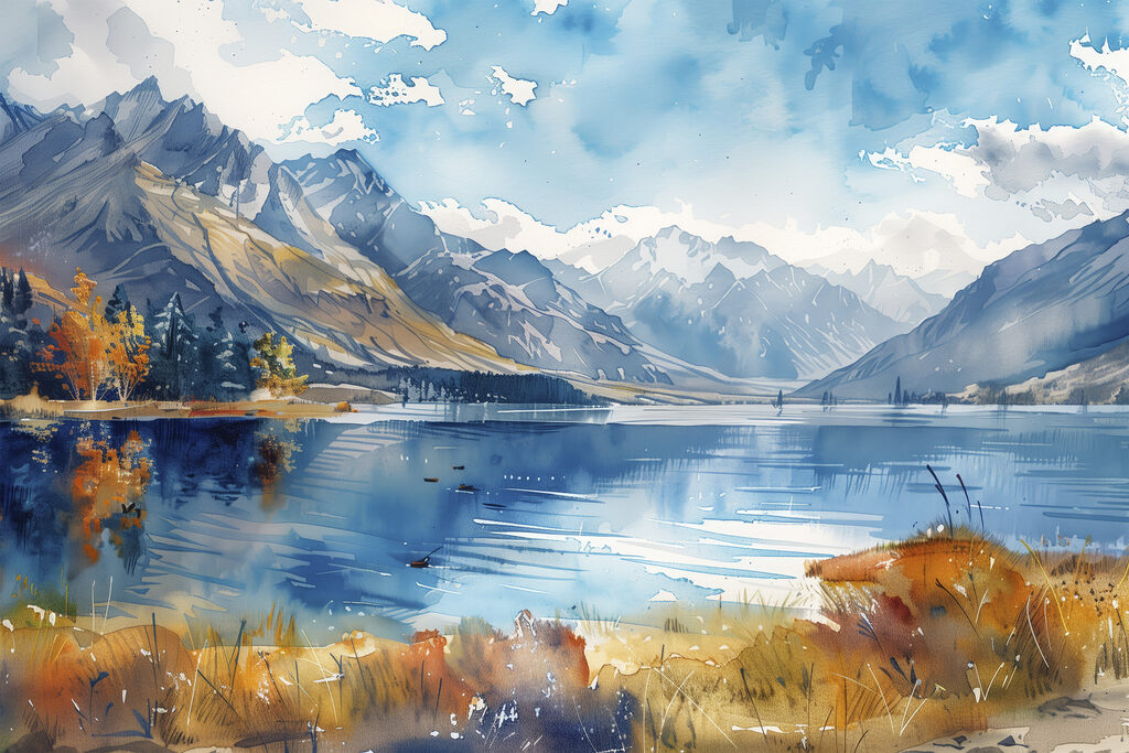 Watercolor painting of a lake surrounded by mountains and clouds